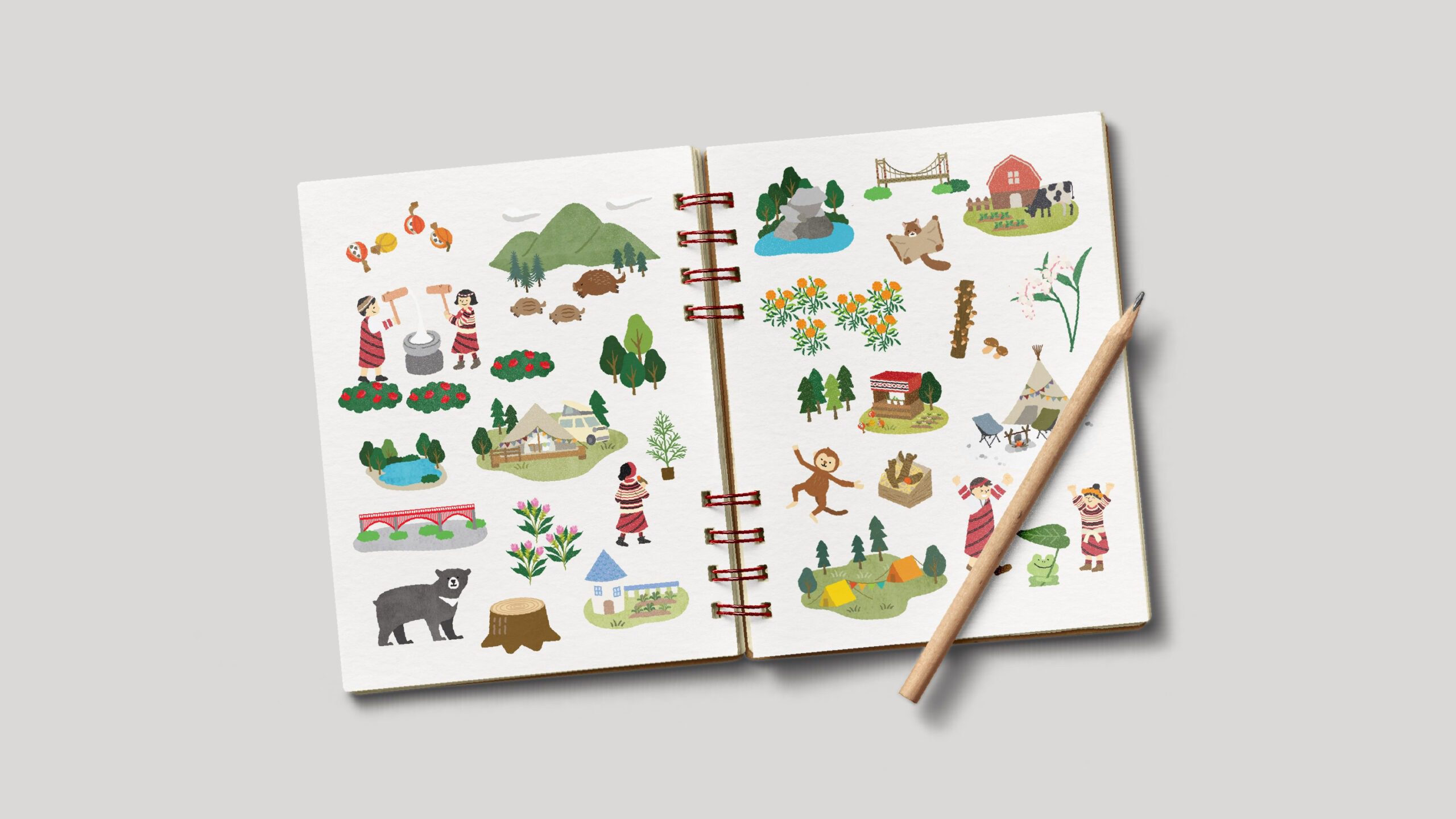 地圖中運用的人物角色、在地物產、野生動物及地標商店插畫