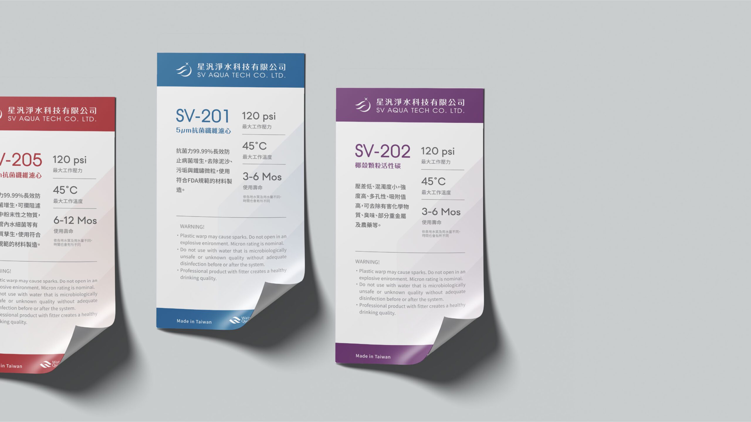 星汎不同濾芯標籤貼設計，資訊排版清楚，標示各濾芯特性