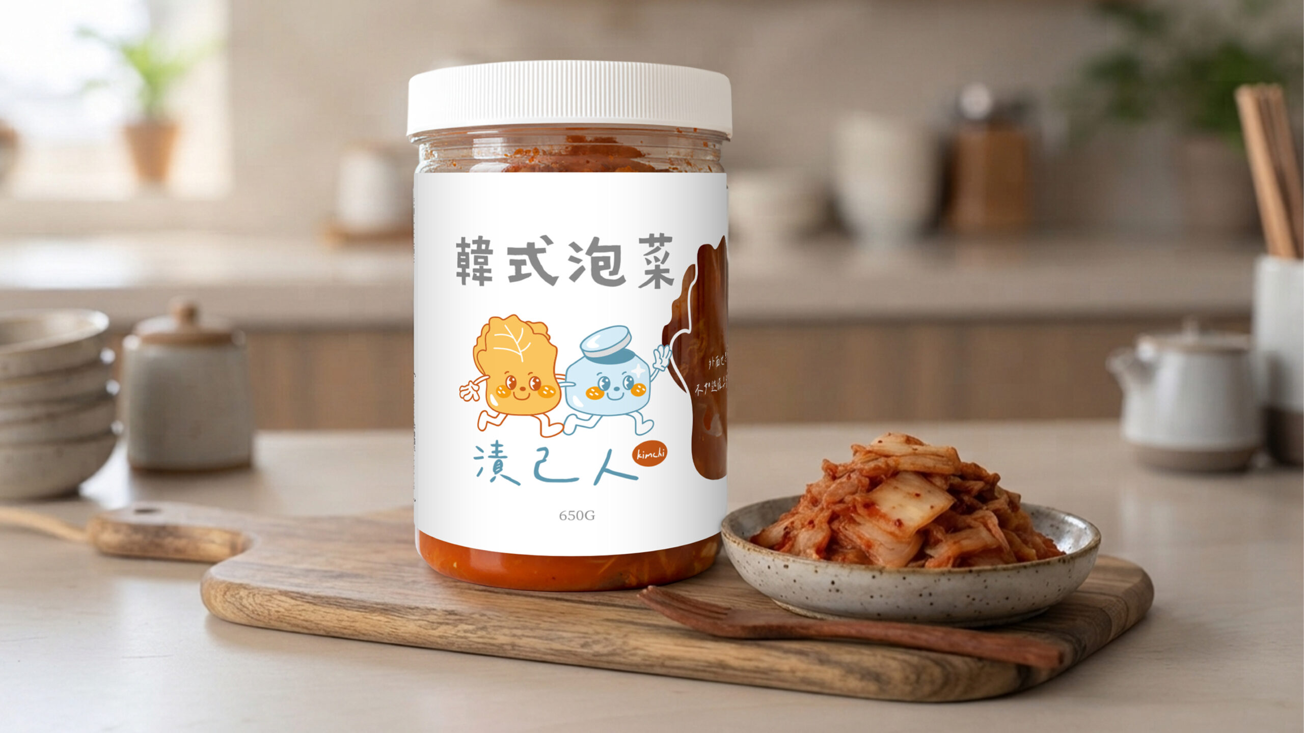 漬己人韓式泡菜包裝罐，白色瓶貼與透明瓶身透出濃郁紅潤的韓式泡菜色澤