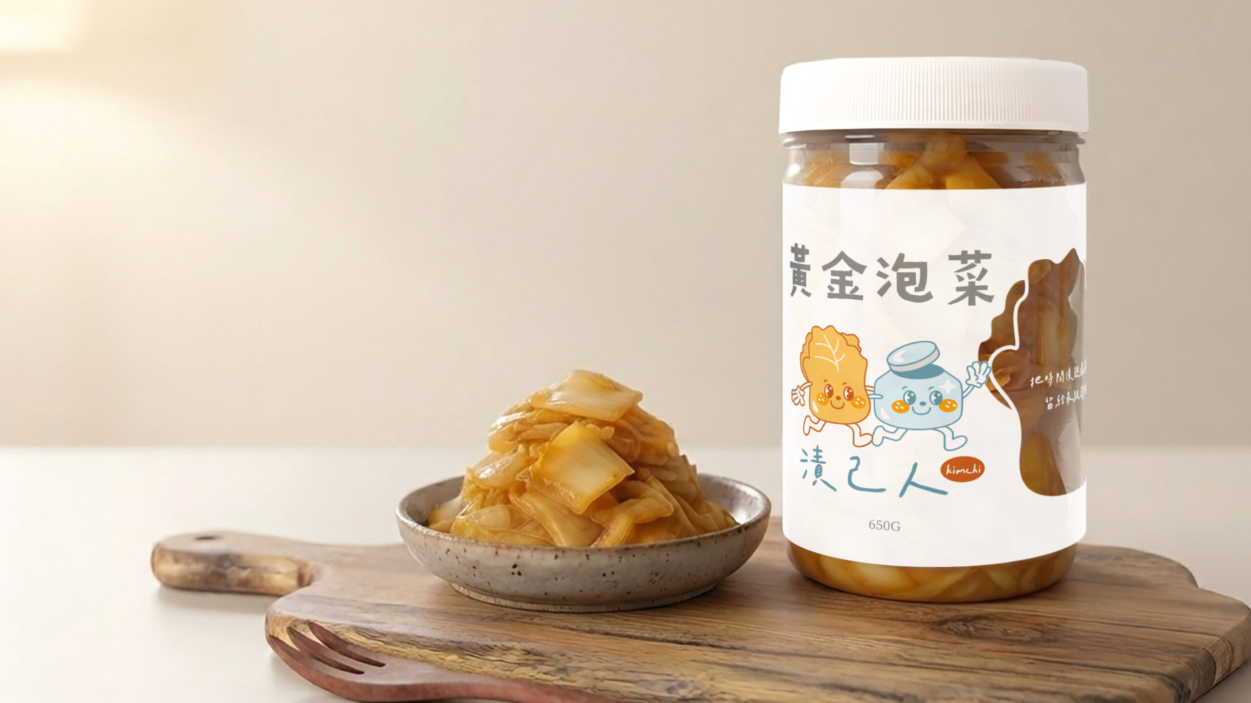 漬己人黃金泡菜包裝罐，白色貼紙與透明瓶身呈現金黃誘人的黃金泡菜質感